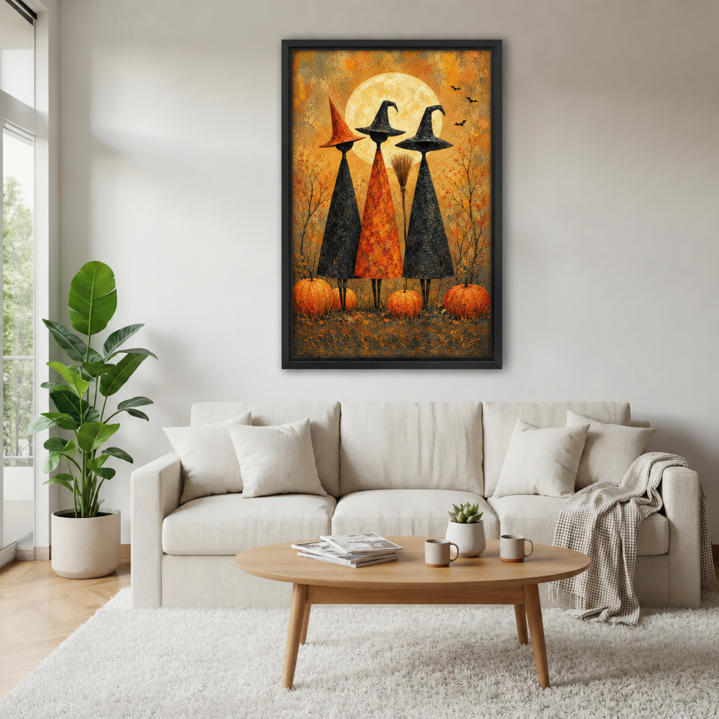 Three witches full moon canvas wall art displayed above a white living room sofa