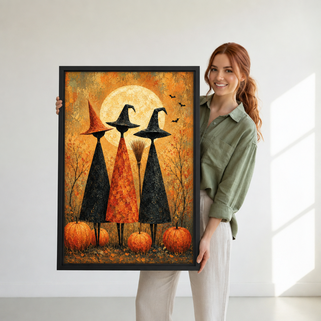 Woman holding large framed three witches full moon canvas wall art with pumpkins