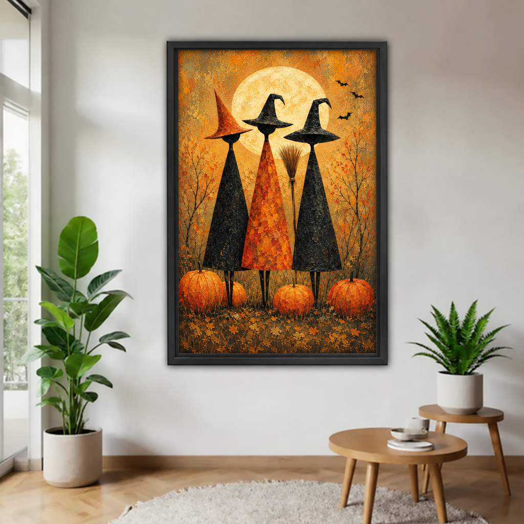 Black framed three witches full moon canvas wall art in a bright plant-filled living room