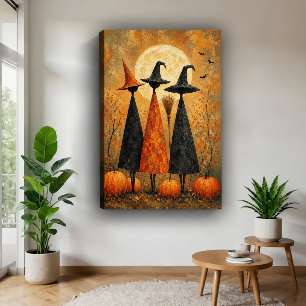 Three witches full moon gallery-wrap canvas wall art with orange pumpkins and flying bats