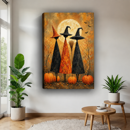 Three witches full moon gallery-wrap canvas wall art with orange pumpkins and flying bats