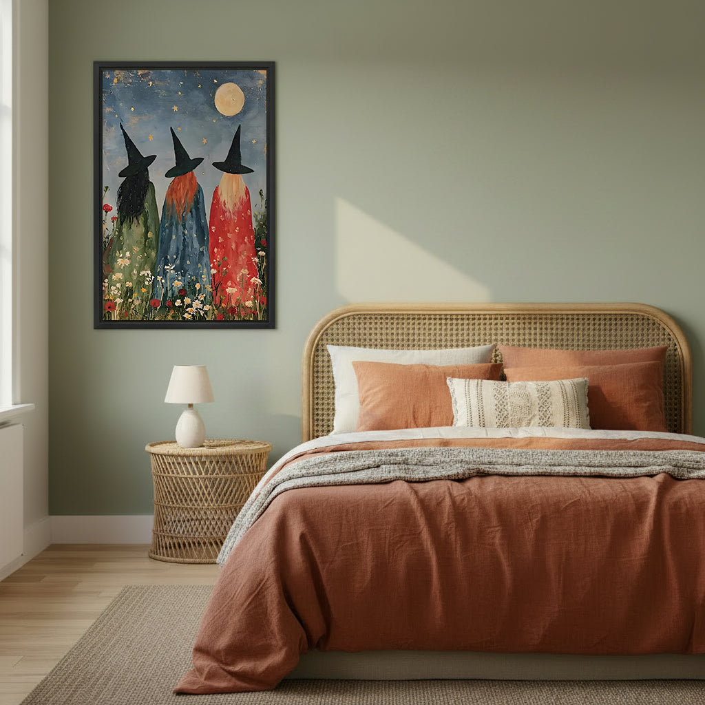 Three witches moonlit wildflower folk art green blue red robes black hats full moon star sky black framed canvas wall art on sage green wall beside wide rattan arched headboard bed with terracotta linen