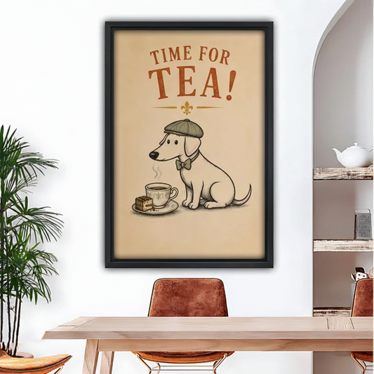 Time for Tea vintage dog black framed wall art above dining table, warm beige retro illustration dog tea cup cake decor