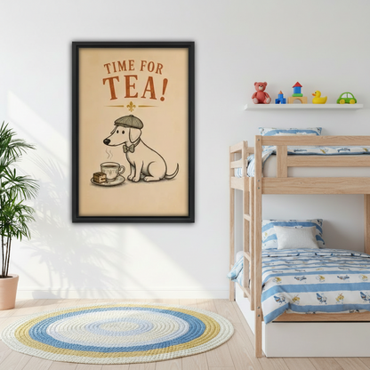 Time for Tea dog illustration black framed print in children's bedroom with bunk bed, whimsical retro dog art nursery decor