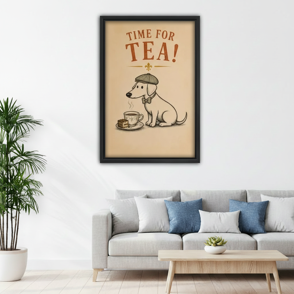 Time for Tea vintage dog wall art black frame above gray sofa in modern living room, cozy British retro dog lover decor