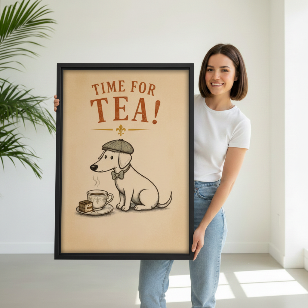 Woman holding Time for Tea vintage dog framed wall art print, large black frame British retro illustration size reference