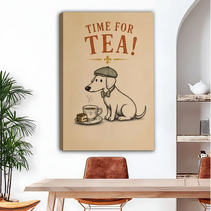Time for Tea vintage dog illustration gallery wrap canvas print in dining room, British retro style warm beige home decor