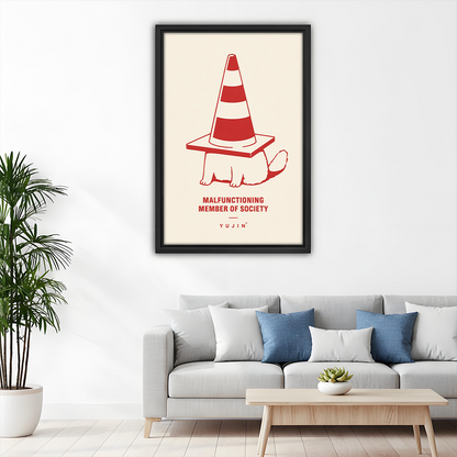 Black-framed traffic cone cat canvas wall art with red graphics on cream above a dining table beside arched shelving.