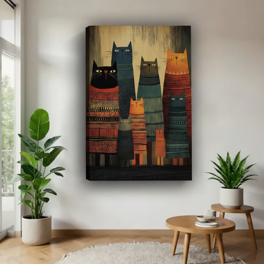 Frameless tribal cats canvas print with earthy tones hanging in minimalist living room