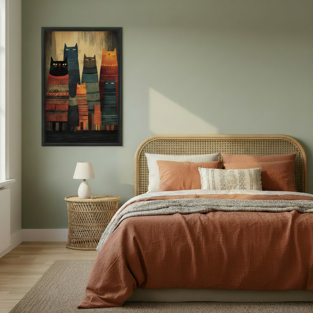 Bohemian tribal cat framed poster on sage green bedroom wall with rattan headboard
