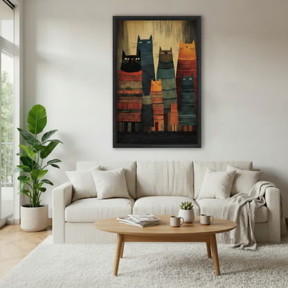 Tribal cats framed canvas wall art displayed above cream sofa in modern living room