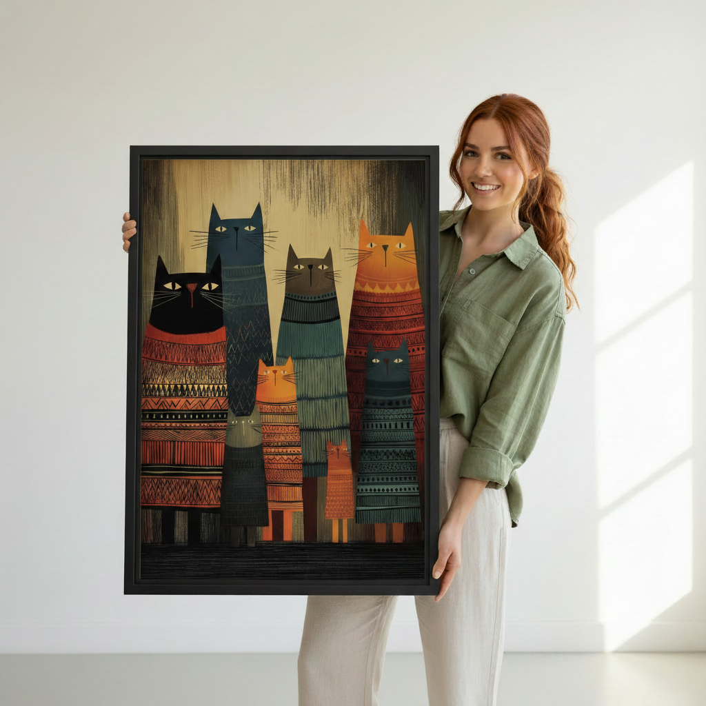 Woman holding large tribal cats framed art print showing actual size and detail