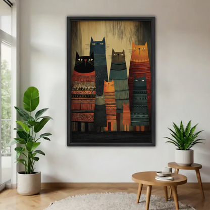 Tribal folk cat framed wall art on white wall flanked by indoor plants in living room