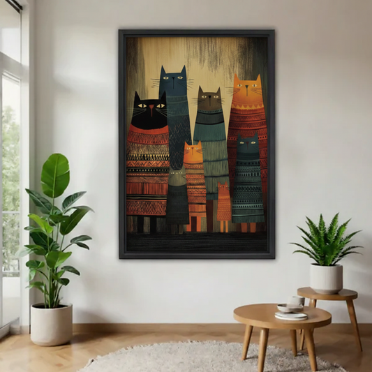 Tribal folk cat framed wall art on white wall flanked by indoor plants in living room