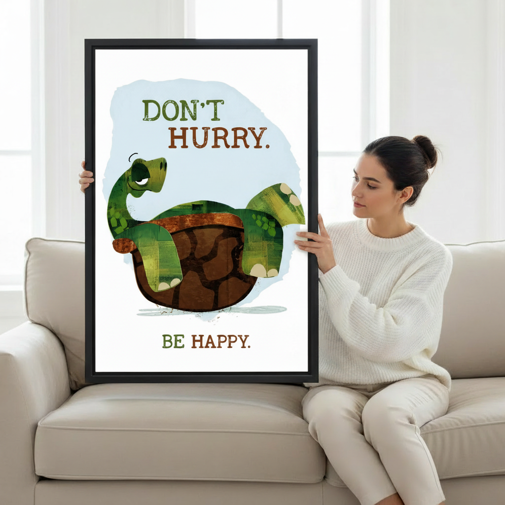 Woman holding don't hurry be happy turtle framed canvas wall art in bright lifestyle setting