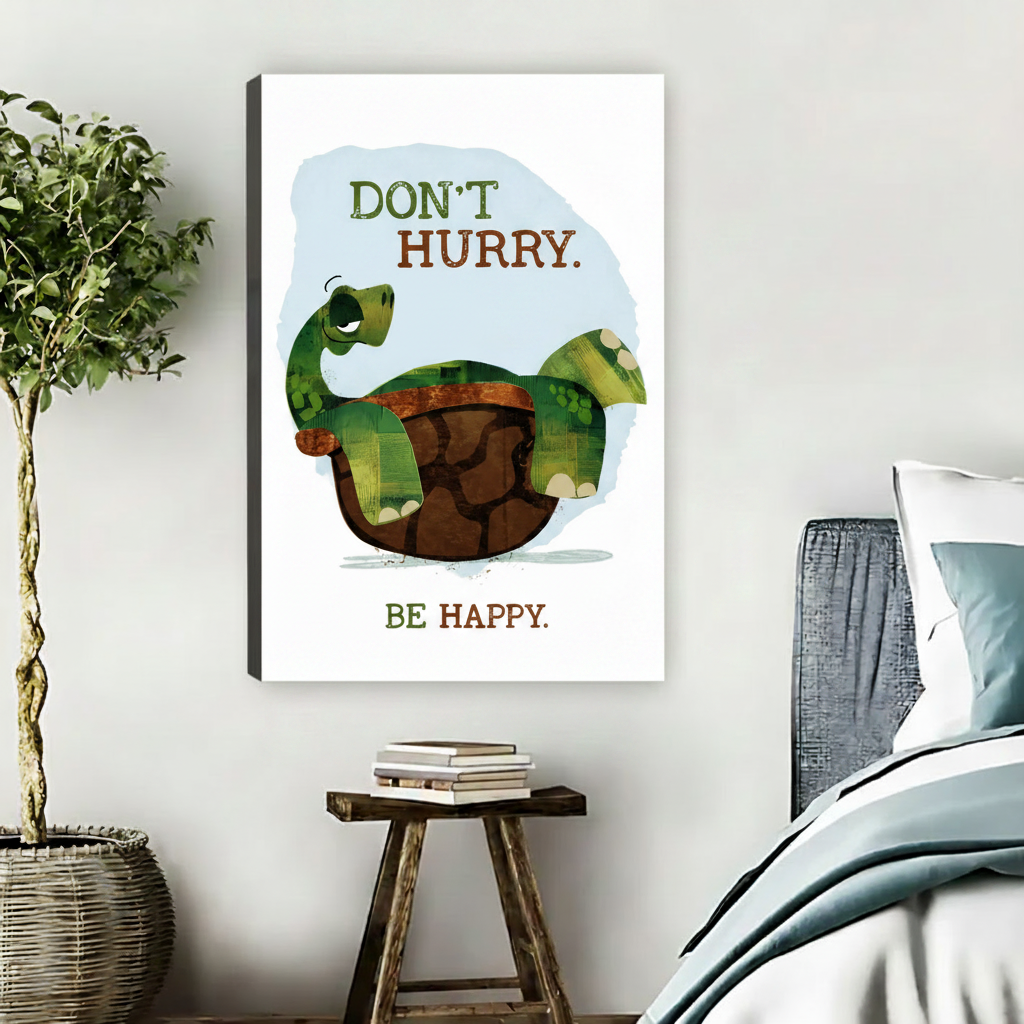 Gallery wrap whimsical turtle quote canvas wall art displayed above wooden stool in minimalist bedroom