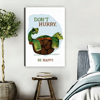 Gallery wrap whimsical turtle quote canvas wall art displayed above wooden stool in minimalist bedroom