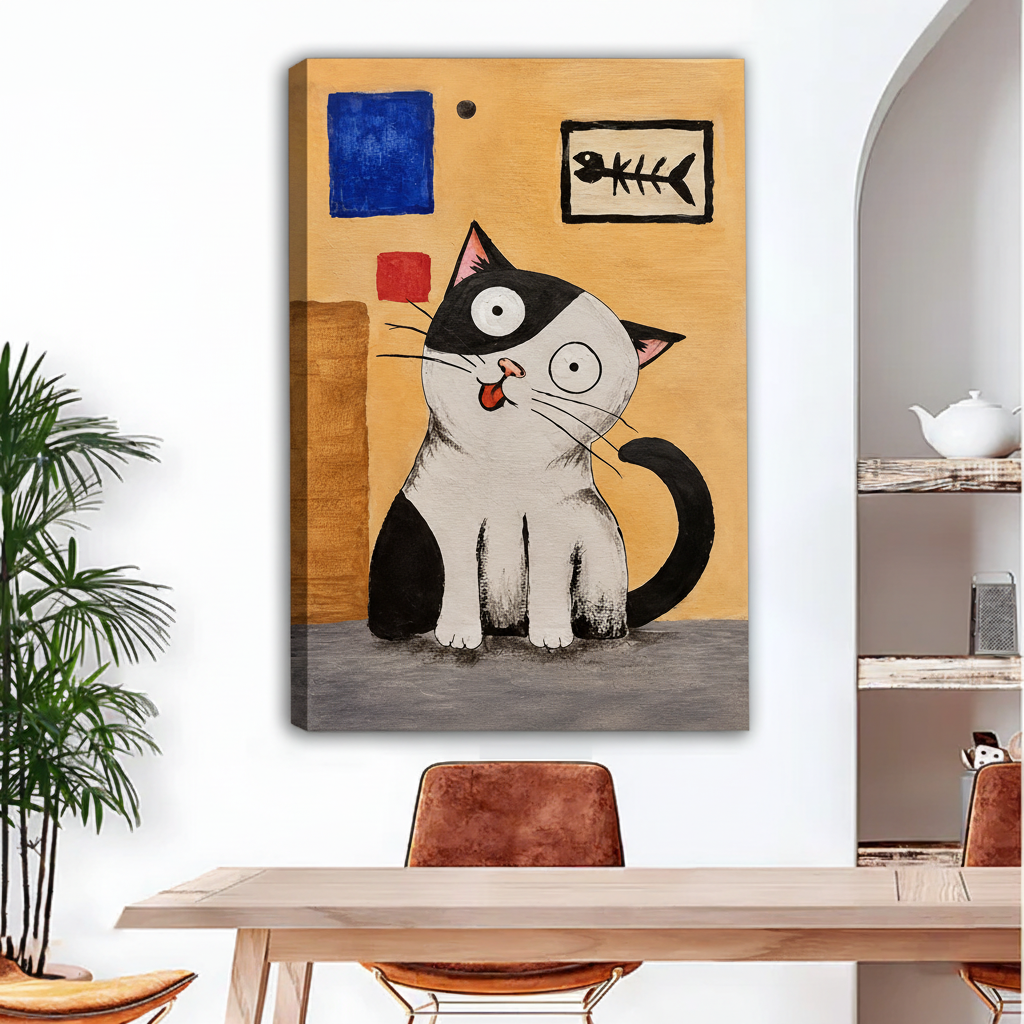 Gallery-wrap tuxedo cat canvas art featuring a wide-eyed cat with a tilted head and playful tongue.