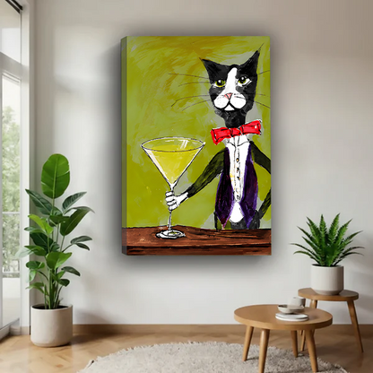  Unframed canvas tuxedo cat with martini cocktail wall art in minimalist room