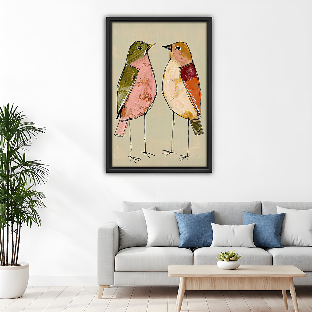 Black-framed two birds canvas wall art with patchwork-style plumage above a wooden dining table beside arched shelving.