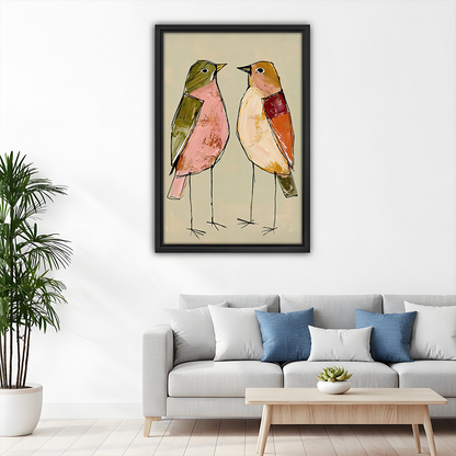 Black-framed two birds canvas wall art with patchwork-style plumage above a wooden dining table beside arched shelving.