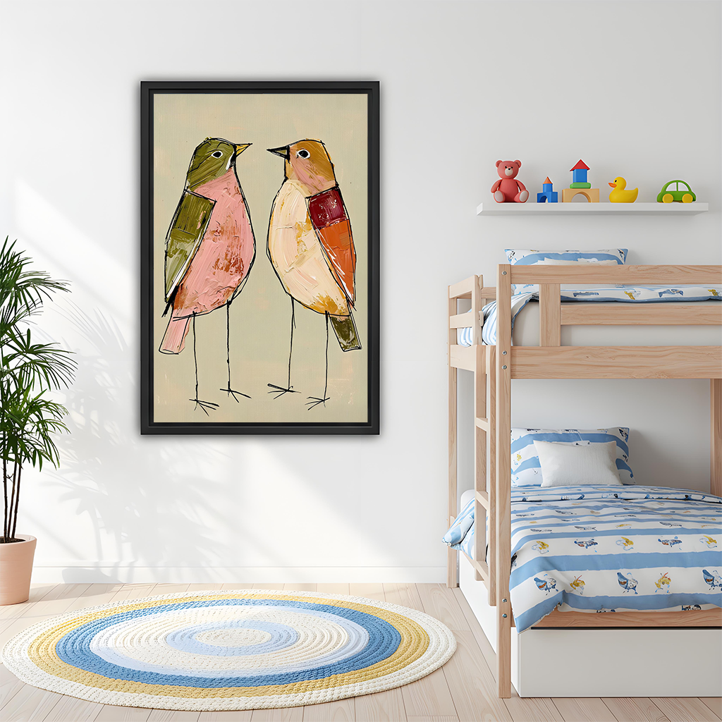 Whimsical two birds canvas wall art in a black frame beside wooden bunk beds and a shelf of toys.