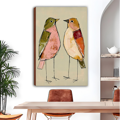 Unframed two birds canvas wall art with pink, olive, and orange plumage above a dining table and rust-colored chair.