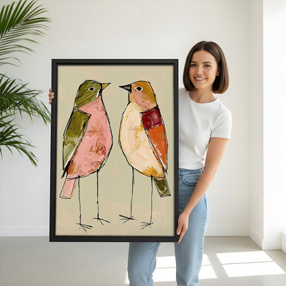 Woman holding black-framed two birds canvas wall art featuring colorful long-legged birds facing each other on a cream background.