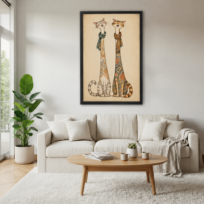 Framed two cats canvas wall art displayed above a white sofa in a bright, neutral living room.
