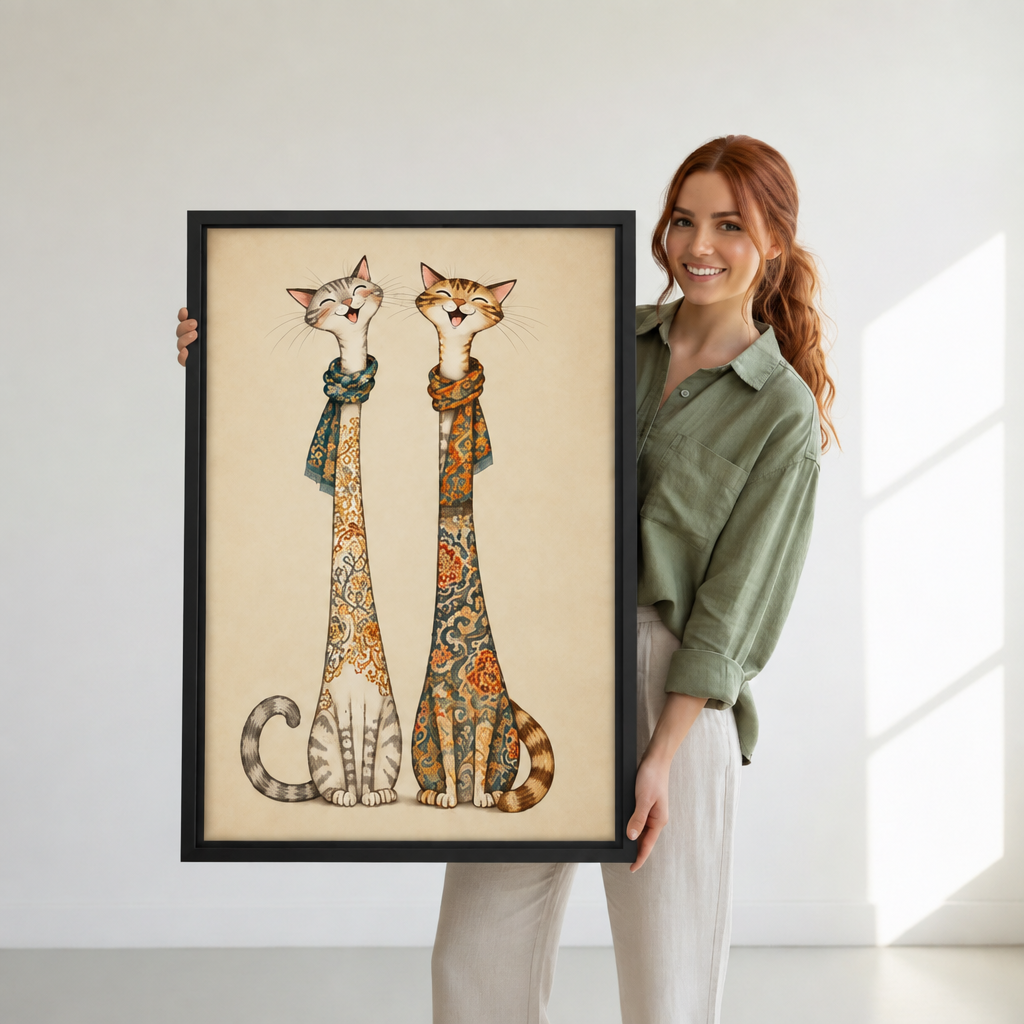 Woman holding framed two cats canvas wall art, showing the tall cat illustration and patterned scarves.