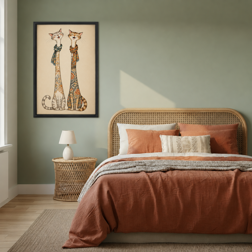 Two cats canvas wall art in a black frame above a bed in a muted green bedroom.