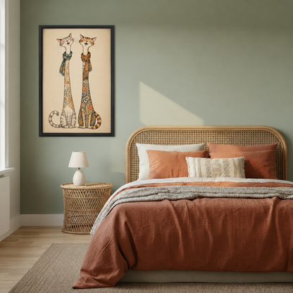 Two cats canvas wall art in a black frame above a bed in a muted green bedroom.