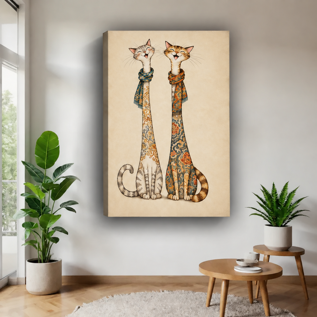 Two cats canvas wall art on a gallery-wrap canvas with patterned scarves against a warm cream background.