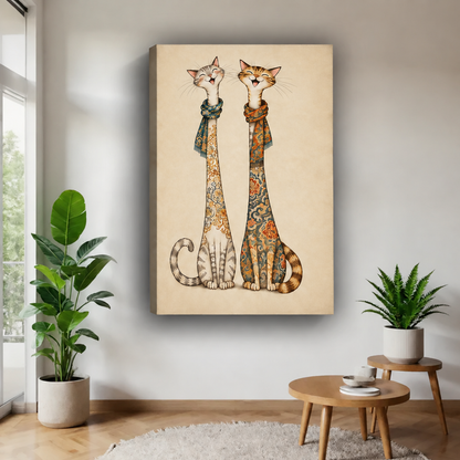 Two cats canvas wall art on a gallery-wrap canvas with patterned scarves against a warm cream background.
