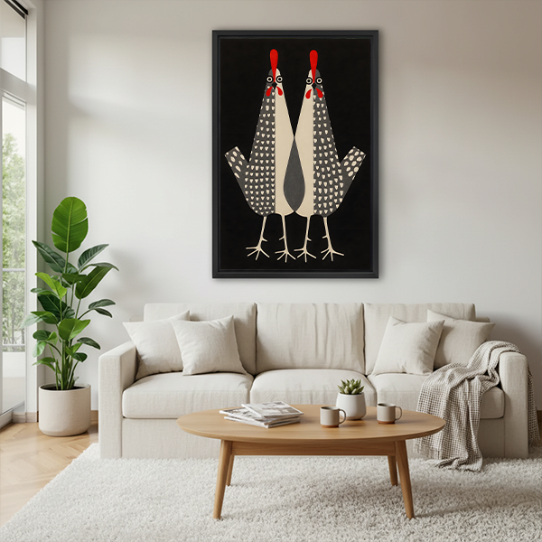 Framed Scandinavian folk art two chickens wall art on black background hung above cream sofa in modern Scandinavian living room