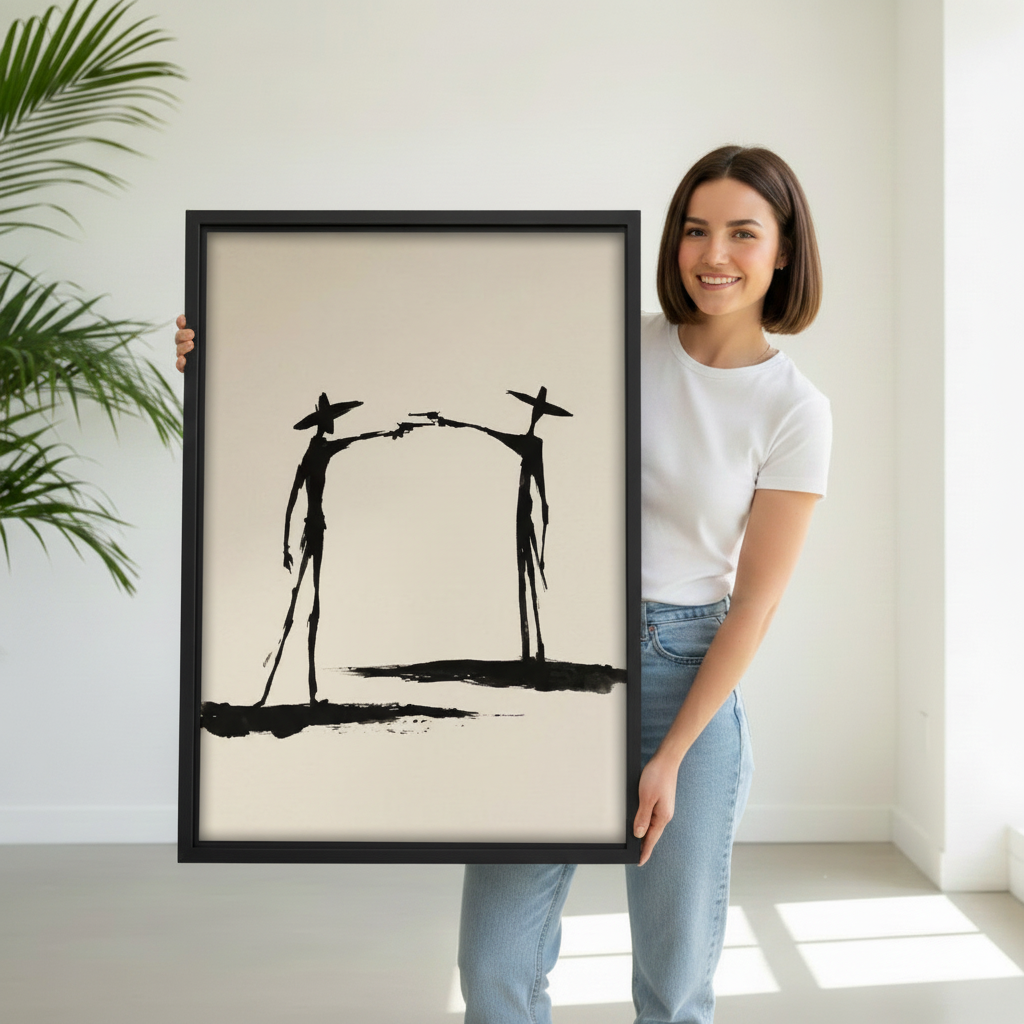 Woman holding large two abstract cowboys Western duel minimalist ink sketch framed canvas print, bold Wild West wall art size reference lifestyle photo