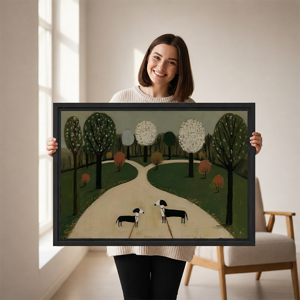 Rustic two dogs park canvas wall art in a black frame above white bedding and a natural wood headboard.