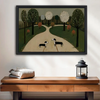 Unframed two dogs park canvas wall art showing a winding path and rounded trees above a wooden console.