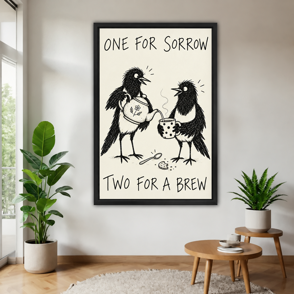 Black-framed Two for a Brew magpie canvas wall art between potted plants, with a teacup on a wooden table.
