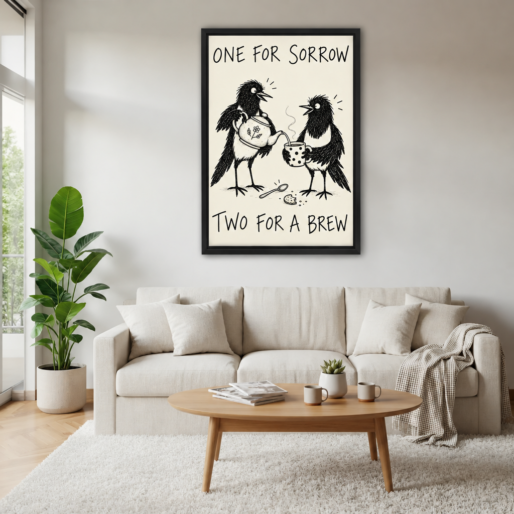 Framed Two for a Brew magpie canvas wall art above a cream sofa and oval wooden coffee table.