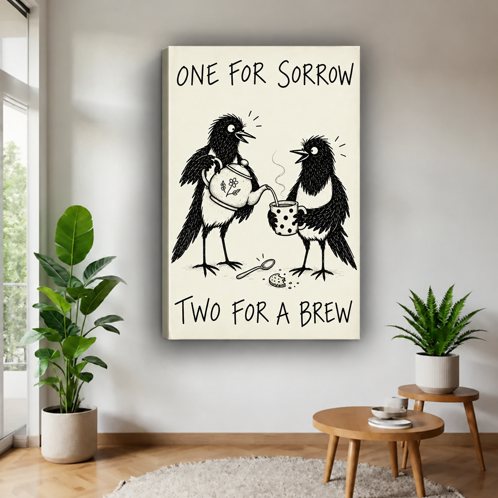 Gallery-wrapped Two for a Brew magpie canvas wall art displayed near a bright window between leafy potted plants.