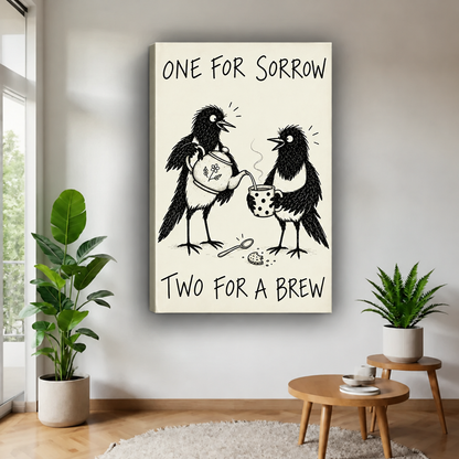 Gallery-wrapped Two for a Brew magpie canvas wall art displayed near a bright window between leafy potted plants.