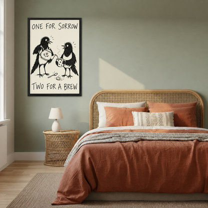 Two for a Brew magpie canvas wall art beside a rattan bed with terracotta bedding against a sage wall.