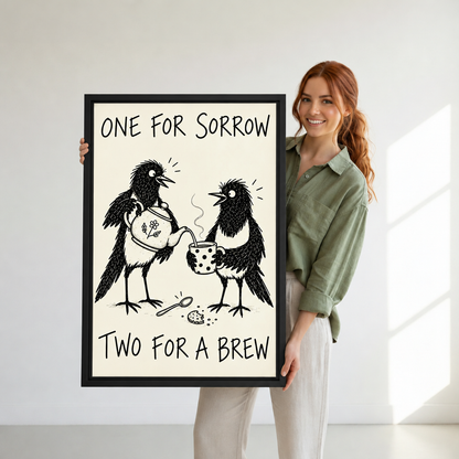 Woman holding black-framed Two for a Brew magpie canvas wall art featuring two birds sharing tea and playful lettering.