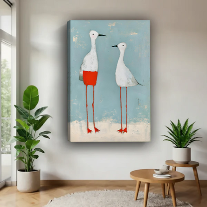Woman holding framed two white birds canvas wall art against a soft blue backdrop.