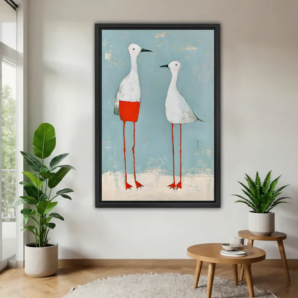 Unframed two white birds canvas wall art with red legs displayed between indoor plants.