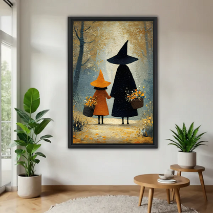Framed two witches in forest canvas wall art above a cream sofa in a bright living room.