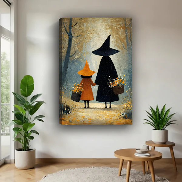 Two witches in forest canvas wall art in a black frame beside a bed with woven headboard.