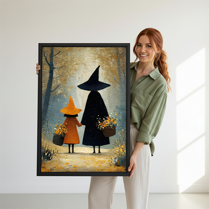 Woman holding framed two witches in forest canvas wall art with pointed hats and flower baskets.