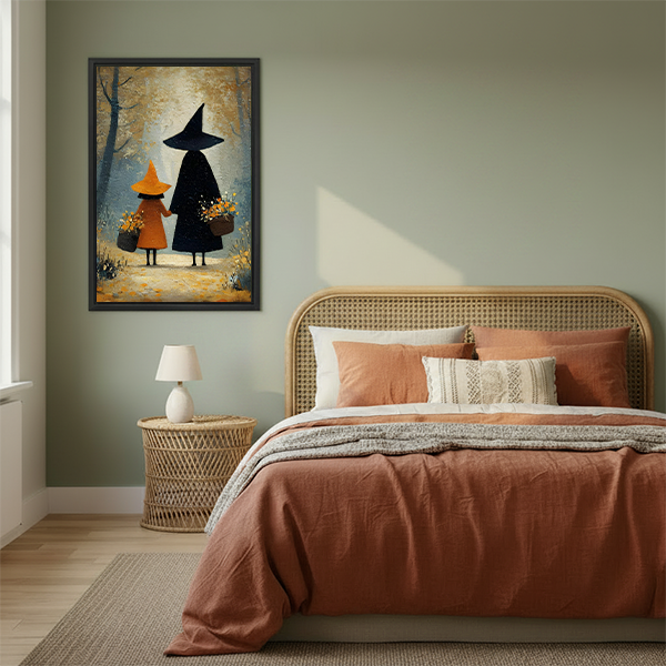 Unframed two witches in forest canvas wall art with golden trees displayed between potted plants.